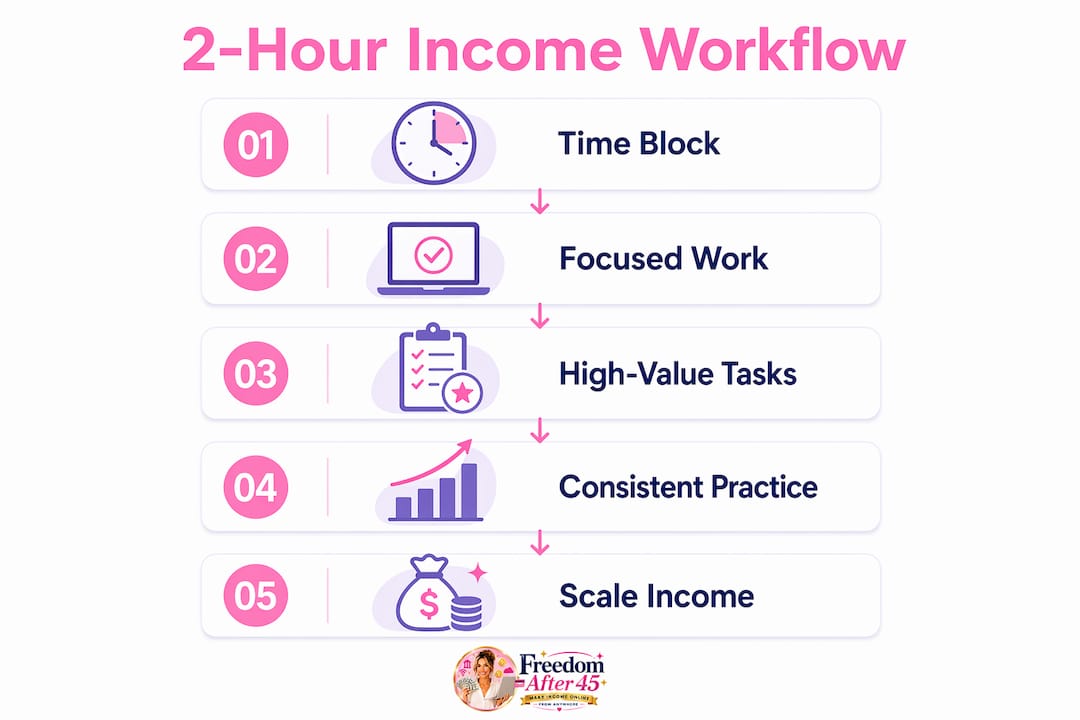 Infographic illustrating 2-hour income workflow steps