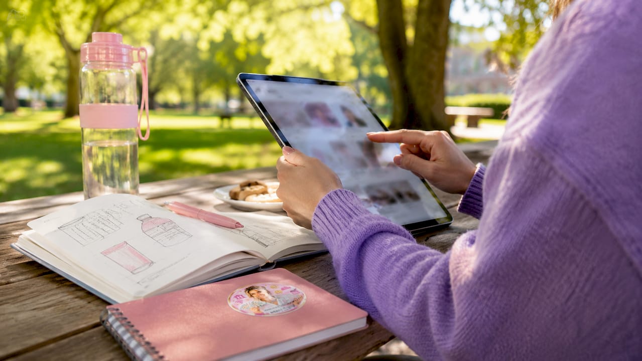 Hands holding tablet at coffee shop workspace