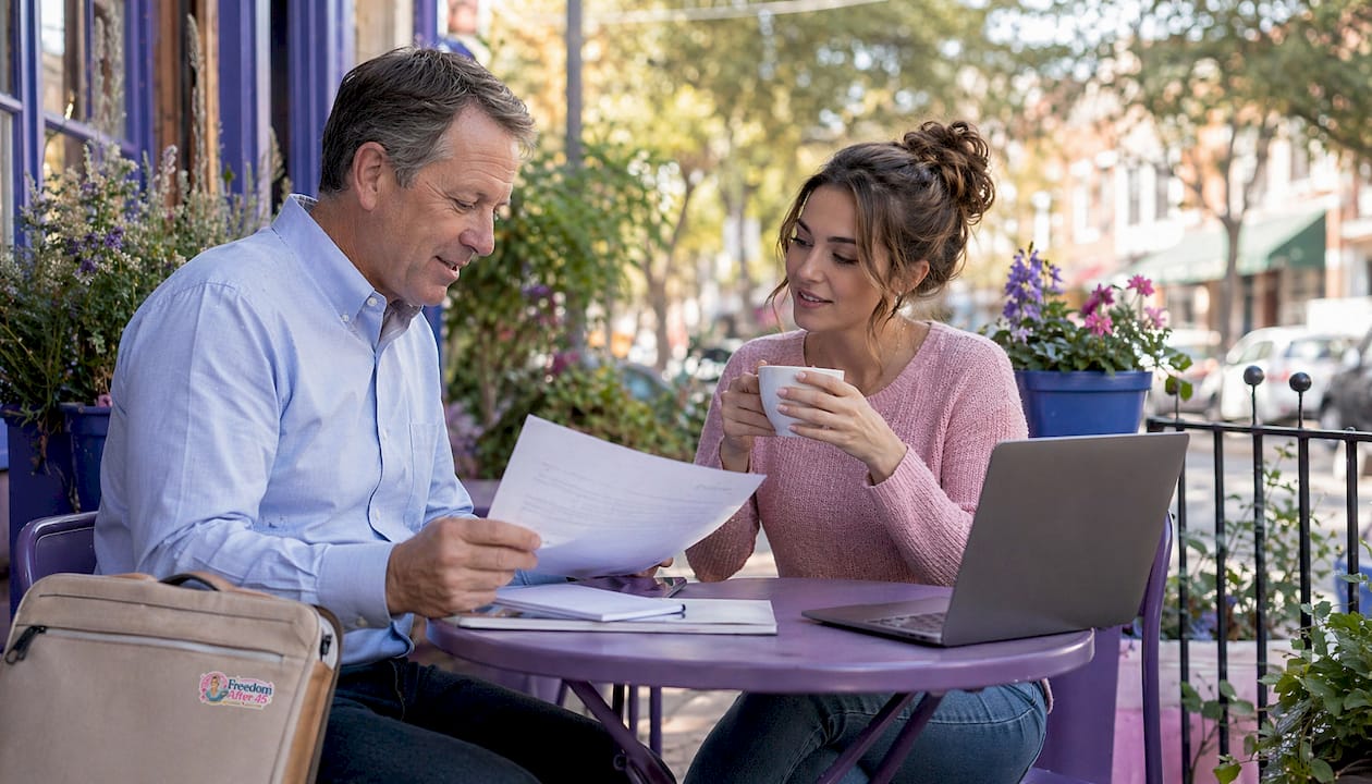 Landlord and tenant discussing rental agreement outside house