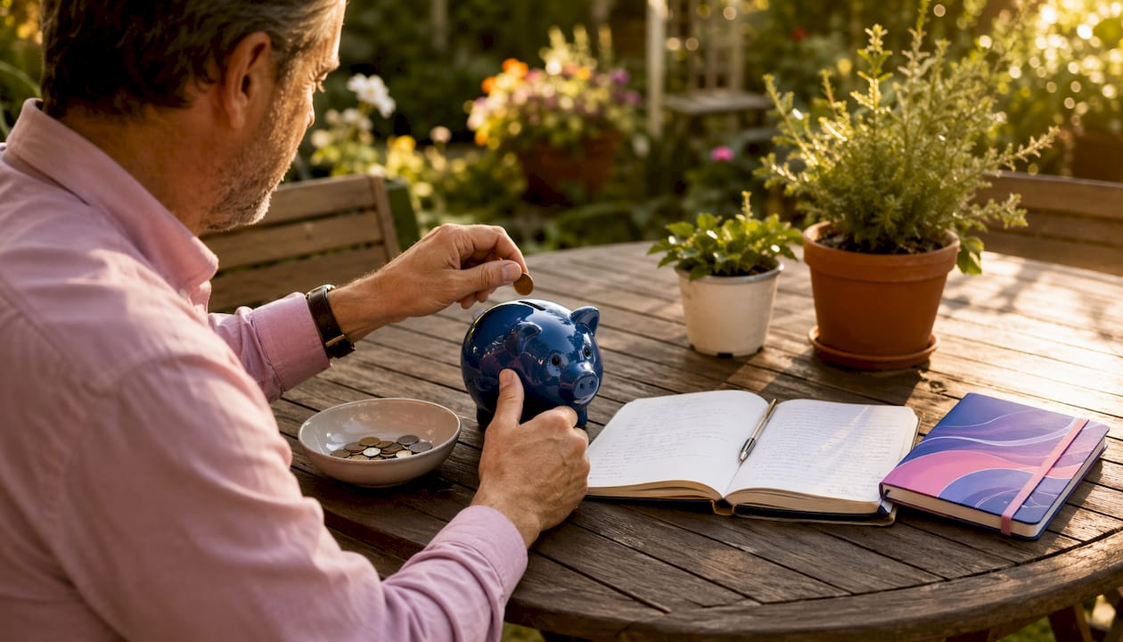 Hands placing coin into piggy bank at home desk