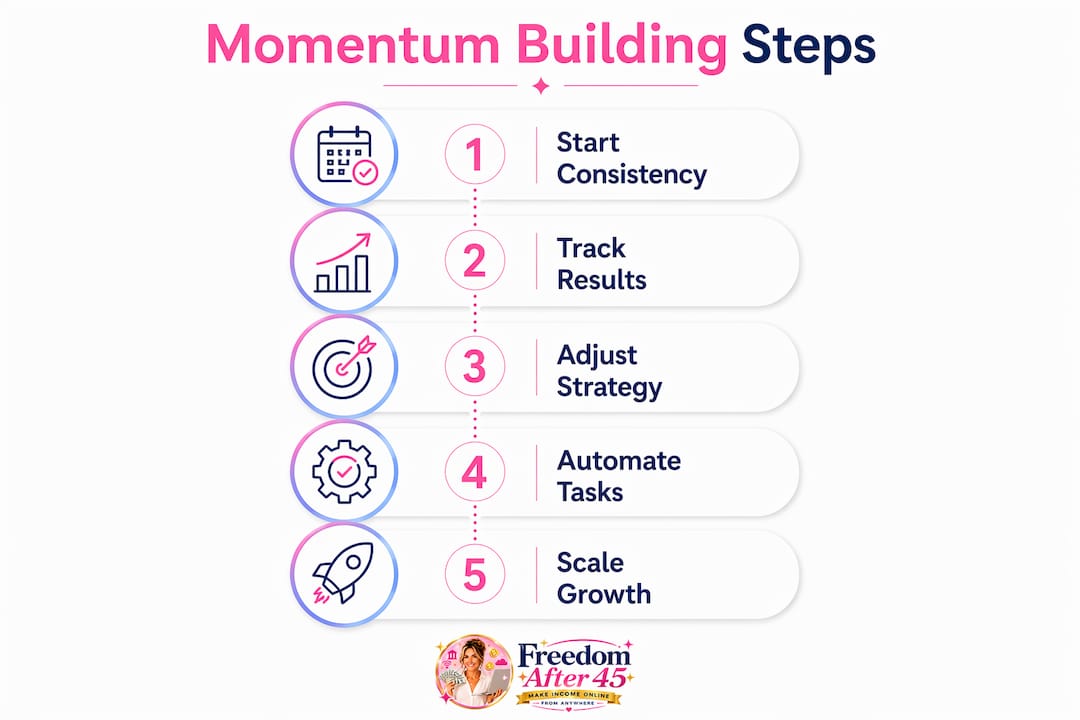 Infographic showing steps to build online income momentum