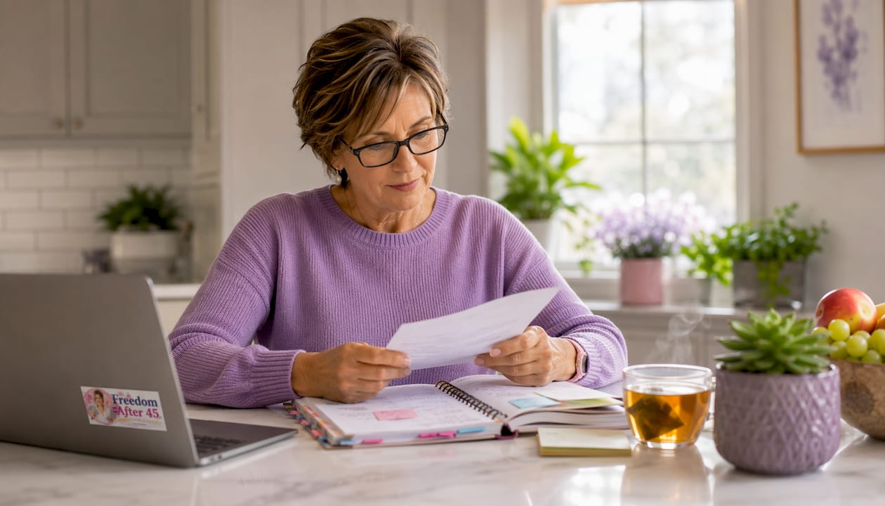 Experienced woman reviewing freelance opportunities at café