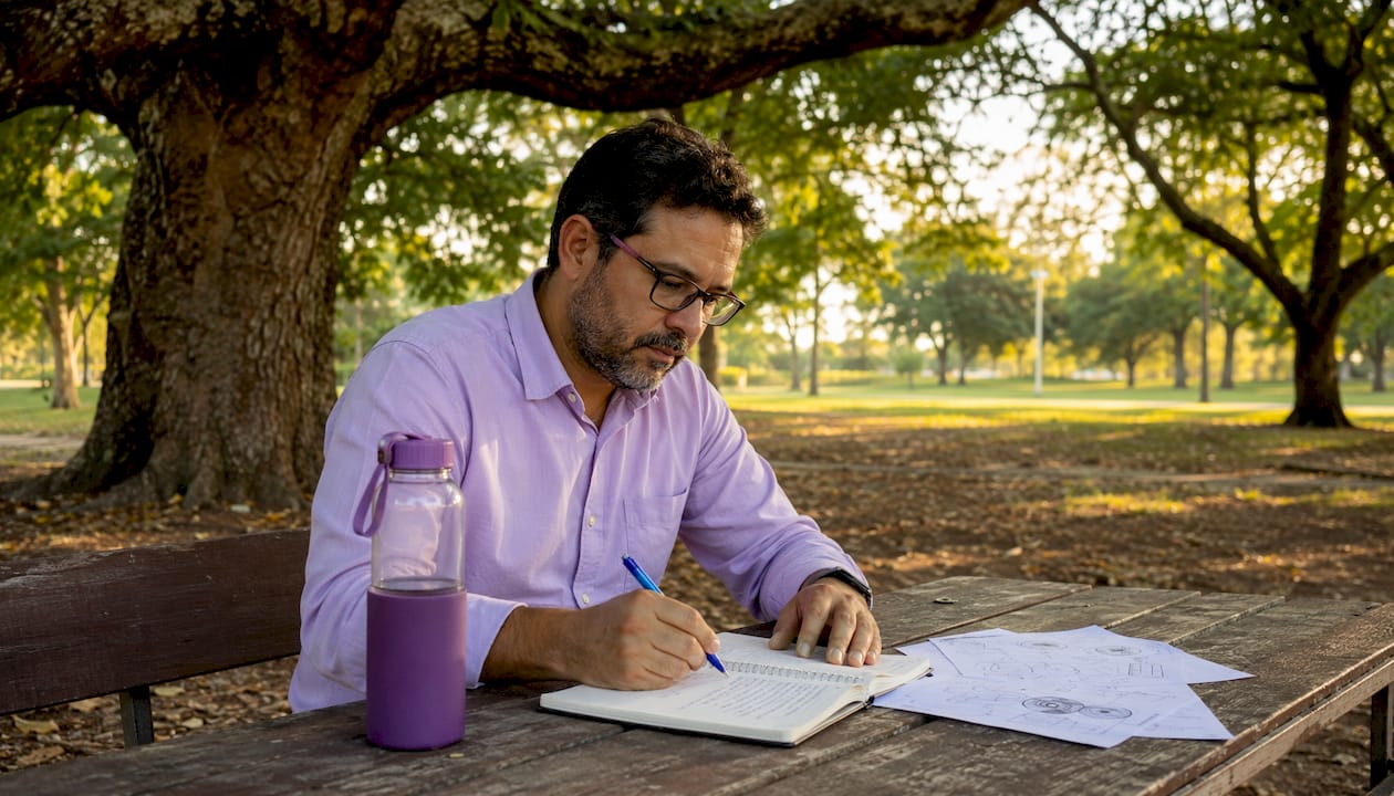 Hombre dando forma a un proyecto empresarial mientras trabaja en una cafetería moderna