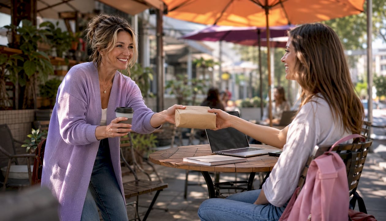 Woman personally delivering product to client outdoors