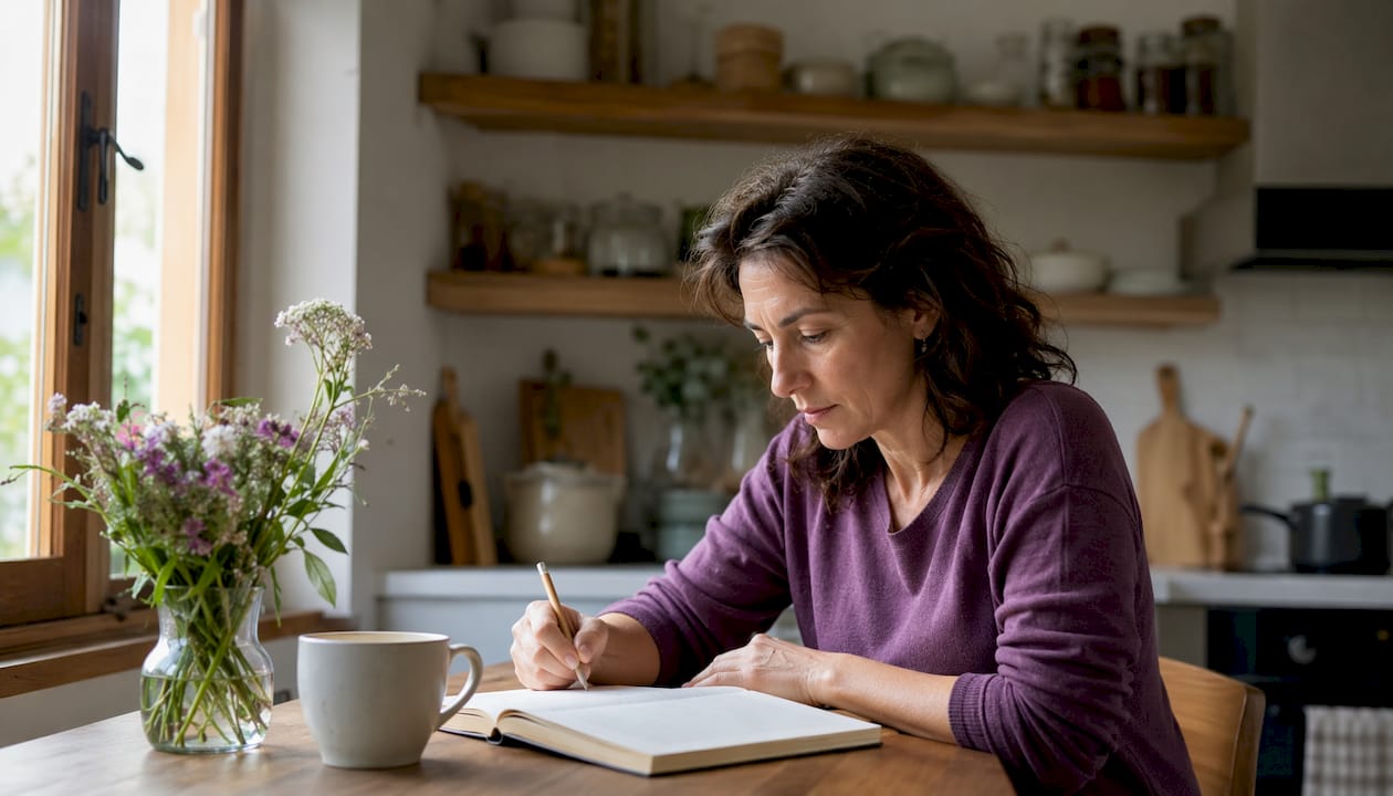 Mujer absorta tomando apuntes en su libreta