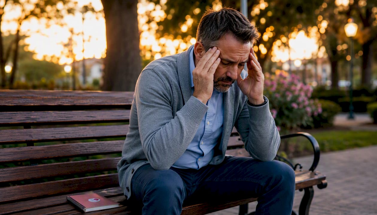 Man stressed on park bench holding head