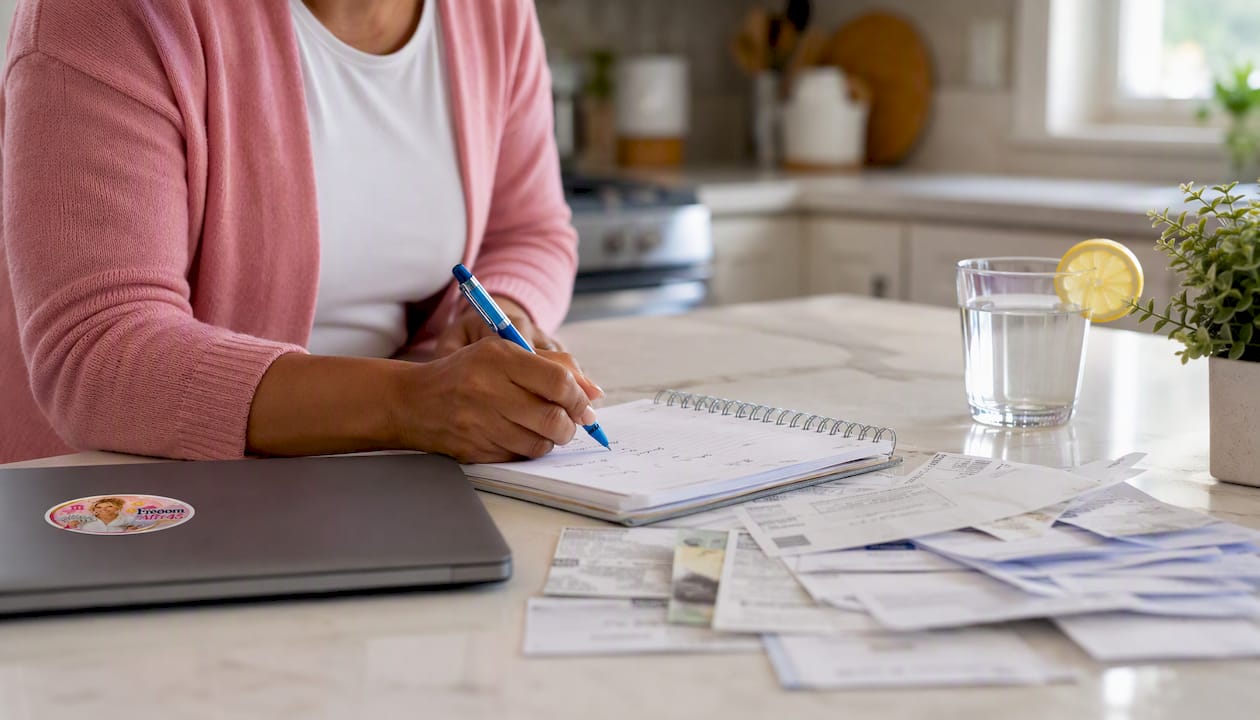 Overhead view of woman creating budget at table