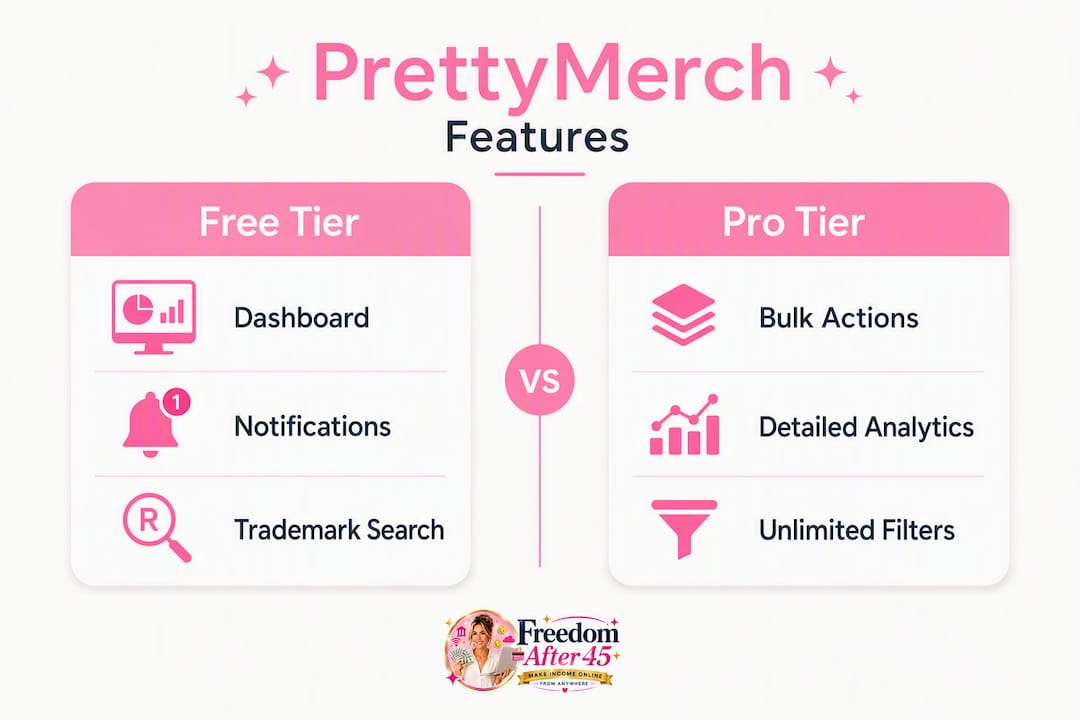 Infographic comparing PrettyMerch Free and Pro features