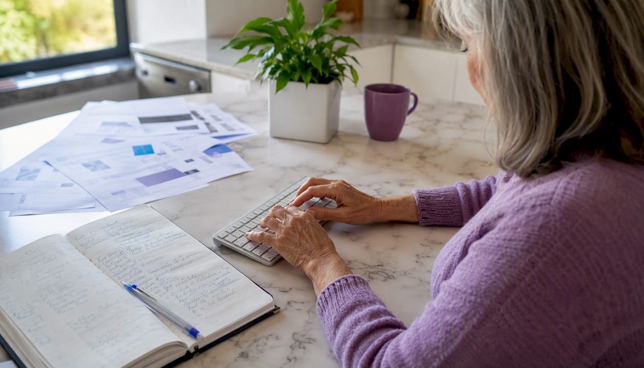 Manos de una mujer trabajando en el teclado y tomando apuntes en plataformas digitales