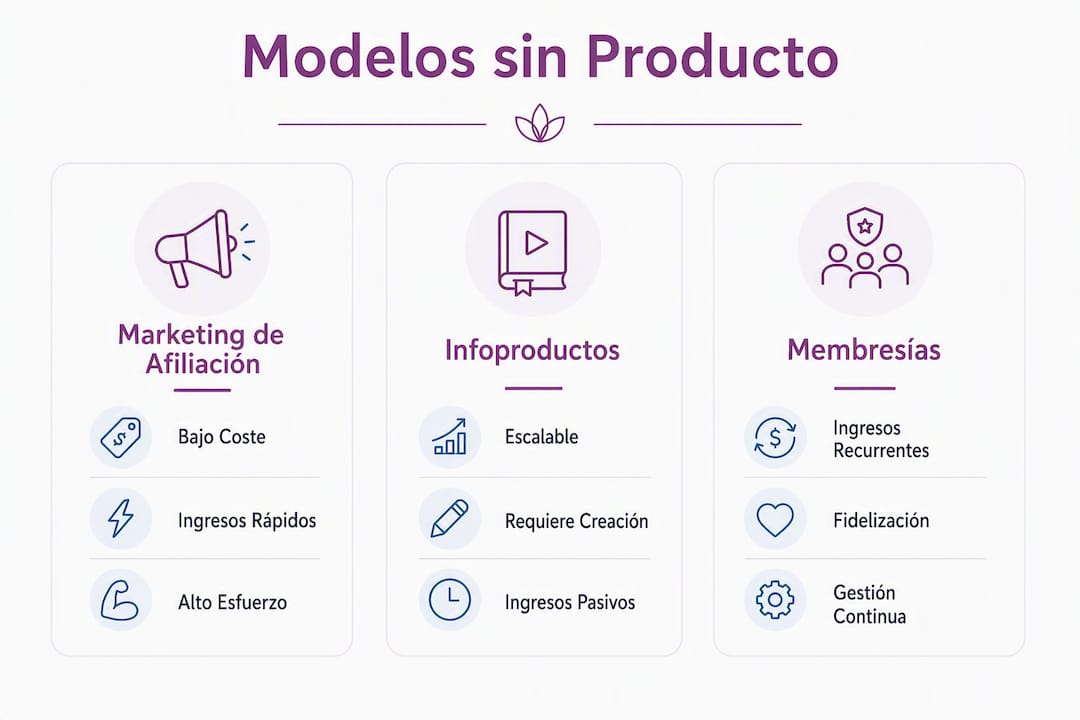 Infografía que analiza y compara diferentes modelos de negocio que no requieren un producto físico.