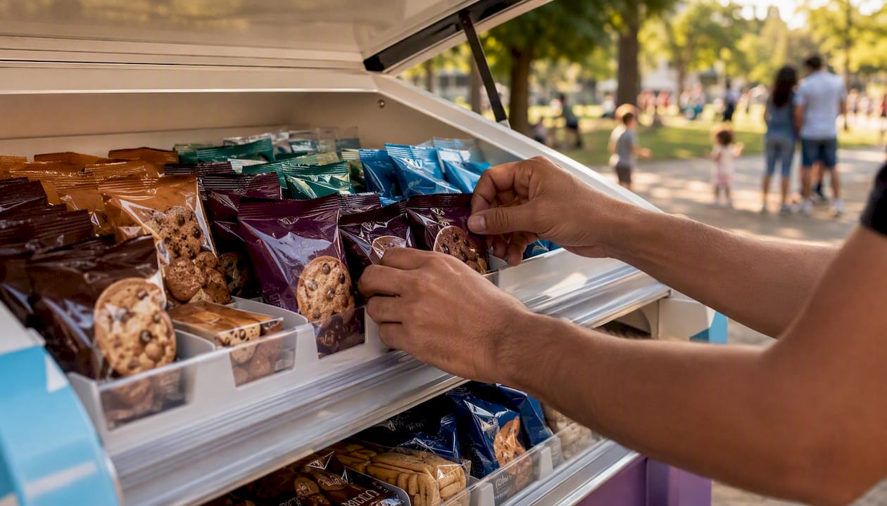 Manos colocando nuevos aperitivos en la máquina expendedora