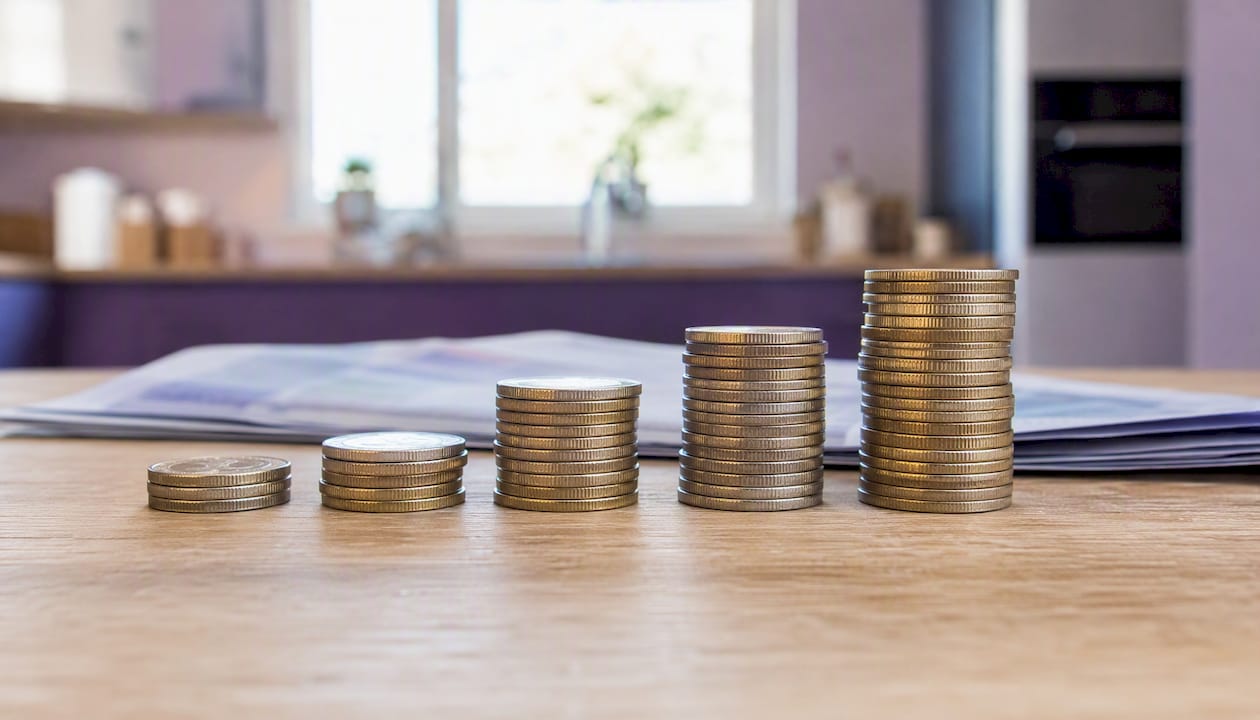 Montones de monedas de euro sobre documentos financieros