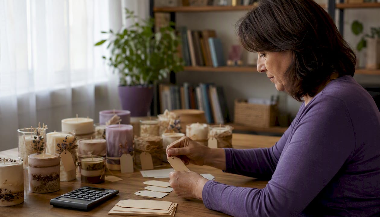 Mujer colocando etiquetas de precio en los productos de su emprendimiento desde casa.