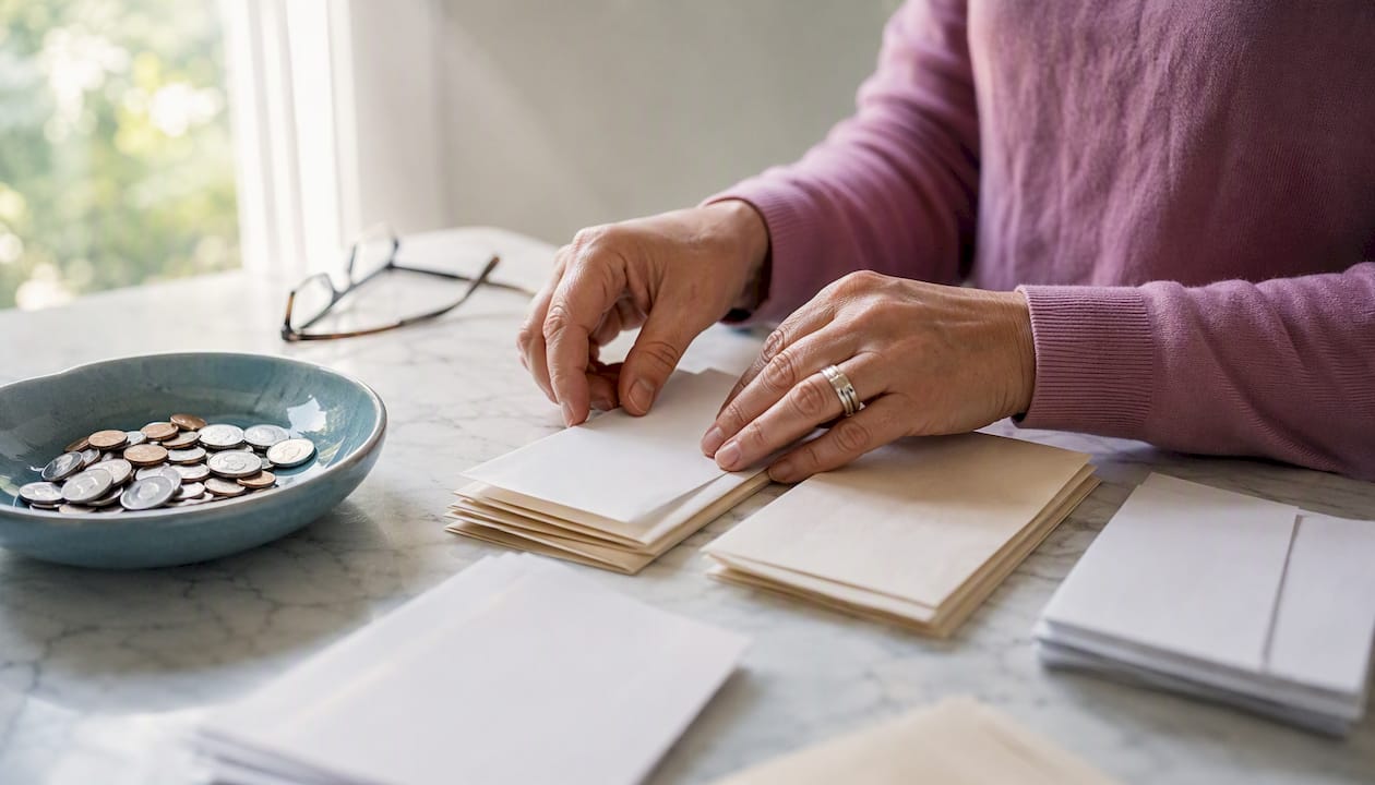 Hands sorting bills into categories
