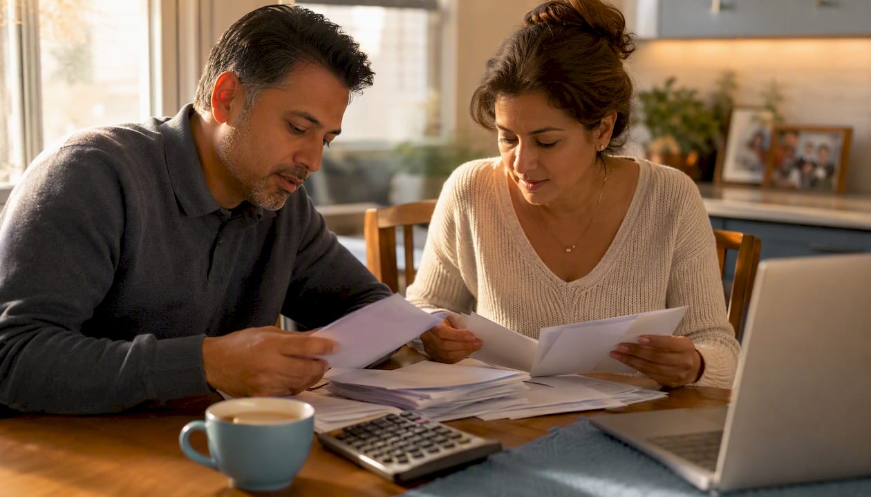 Hands sorting credit card statements on coffee table