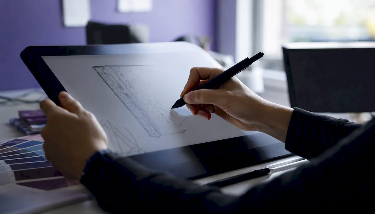 Hands designing book cover on tablet