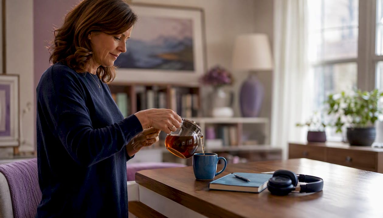 Woman pouring tea preparing for tutoring session