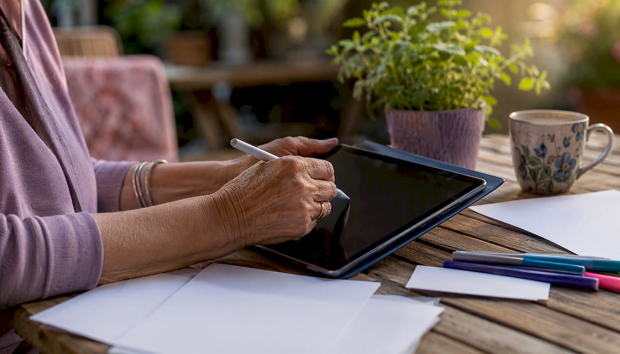 Hands using stylus on digital tablet to create printables