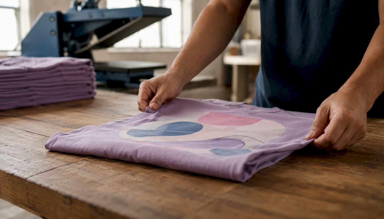Hands smoothing a freshly printed t-shirt
