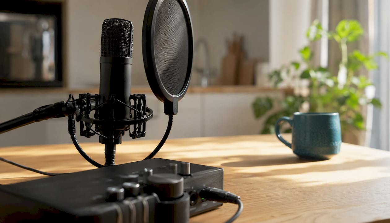 Detalle en primer plano de un micrófono profesional para podcast junto a equipo de sonido.