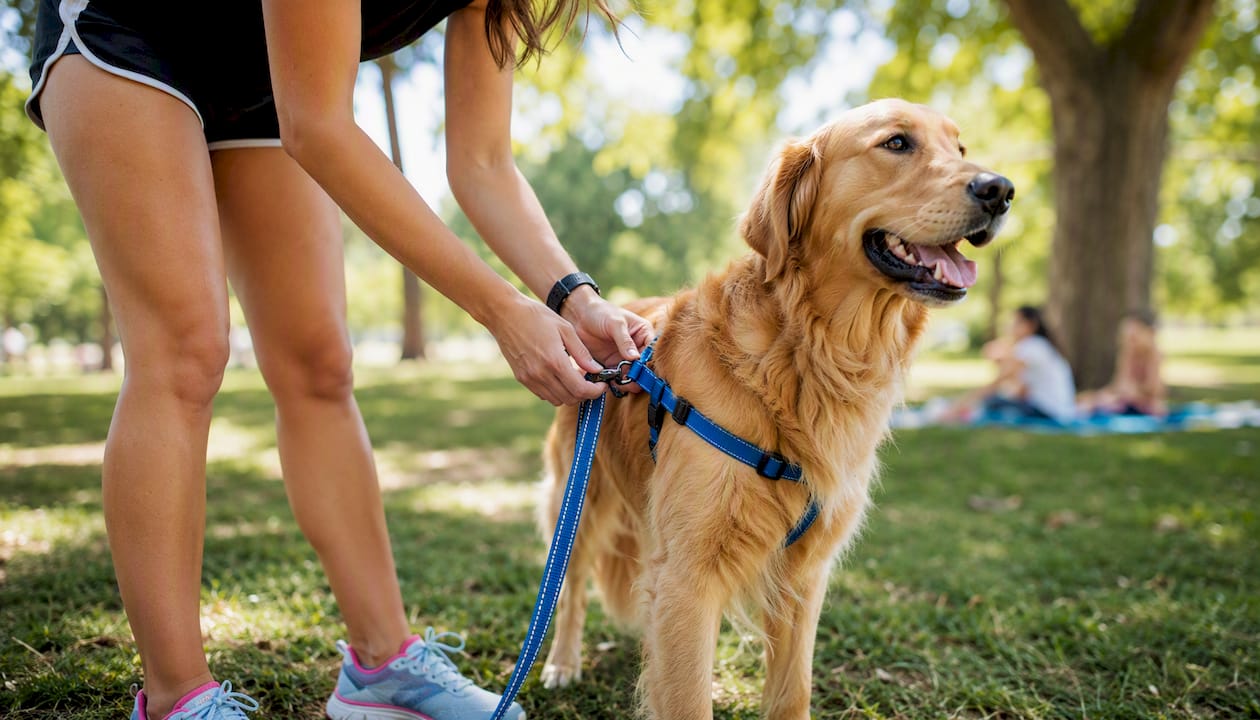 Hands clipping dog leash before walk