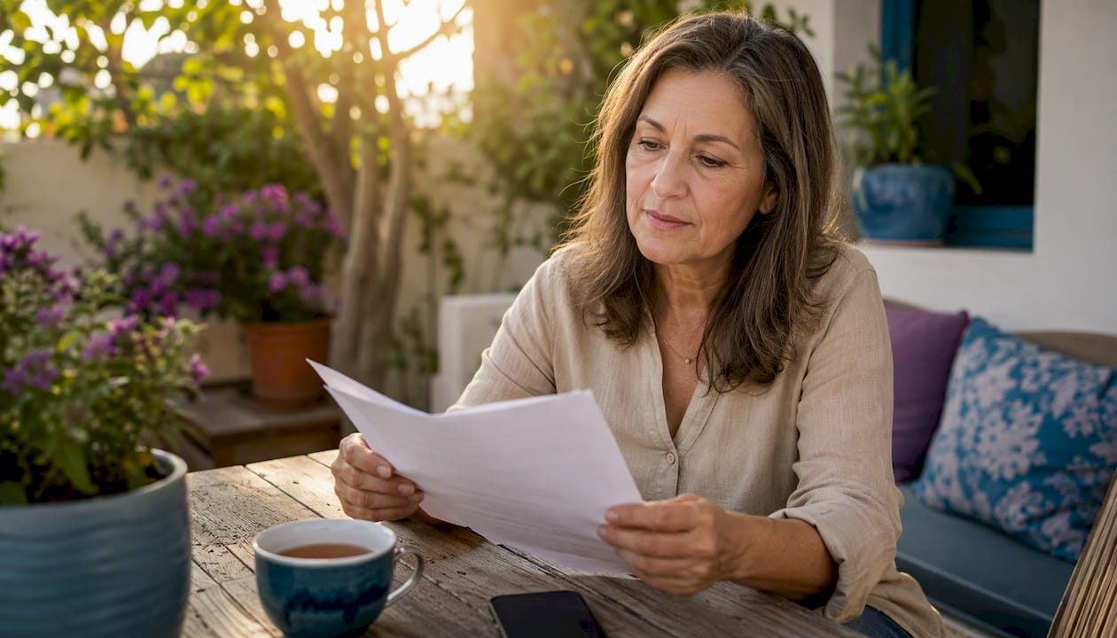 Woman holding checklist with tea cup nearby