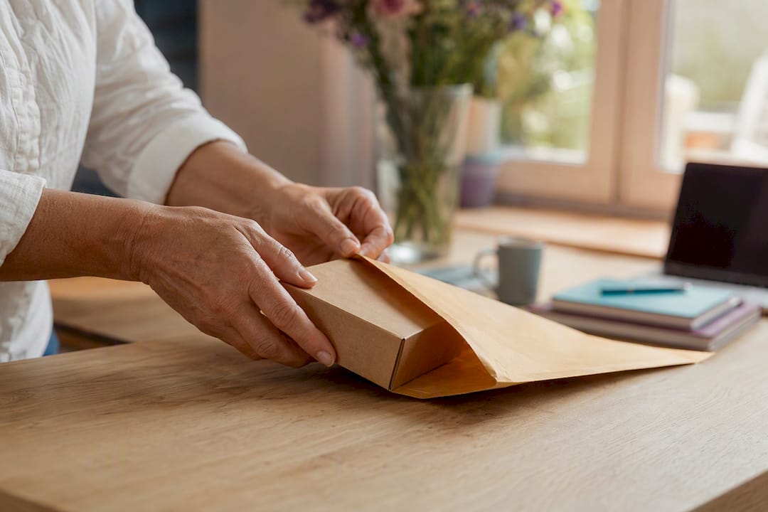 Manos preparando un producto para su envío