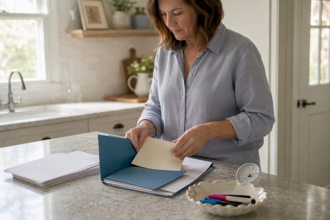 Hands organizing receipts folder