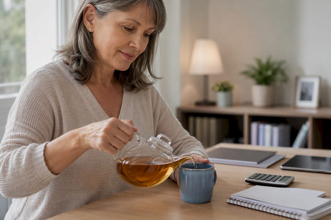 Woman pouring tea at home office desk