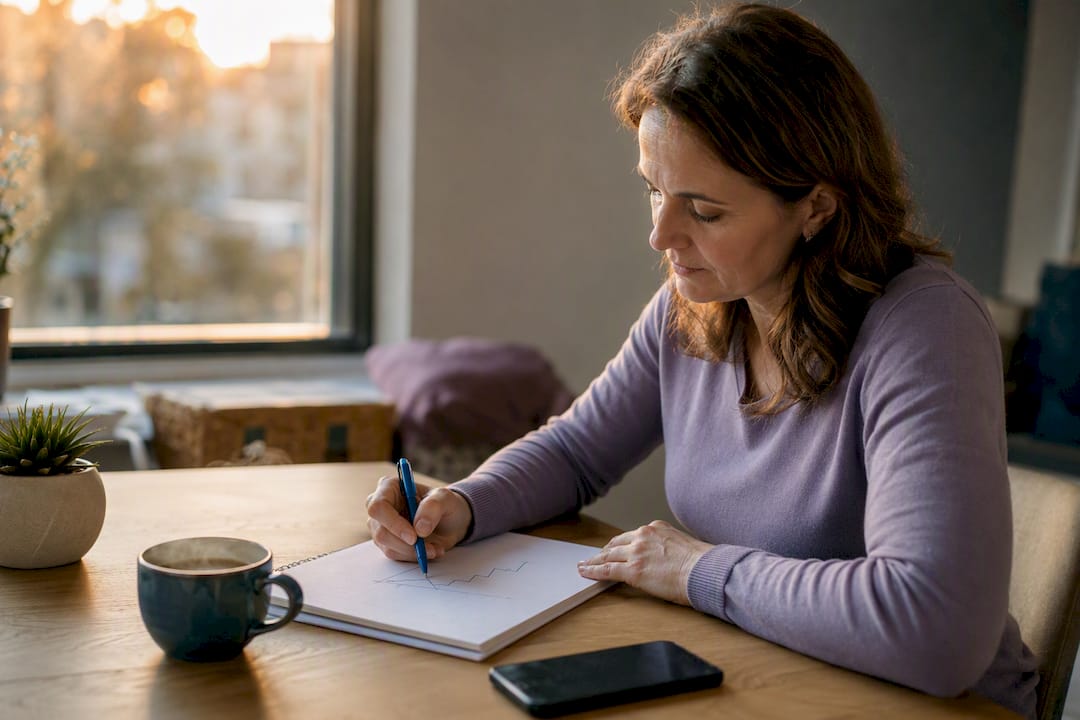 Mujer registrando sus ingresos y anotando datos financieros en su cuaderno.