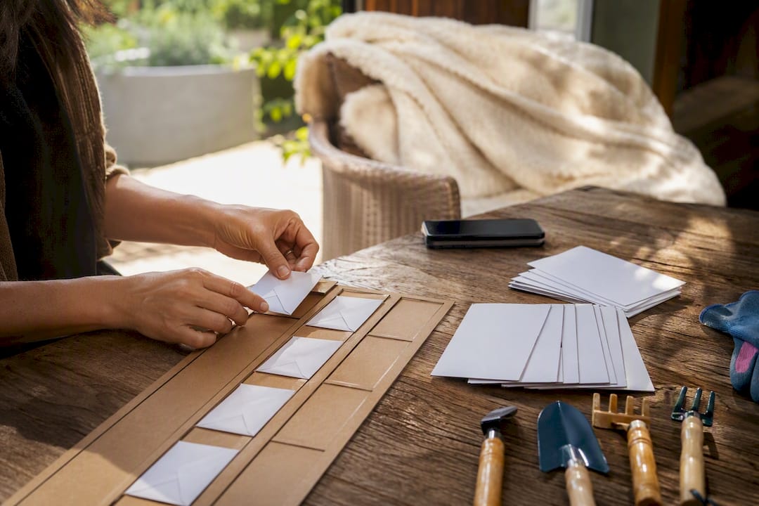 Hands arranging automation workflow elements on desk