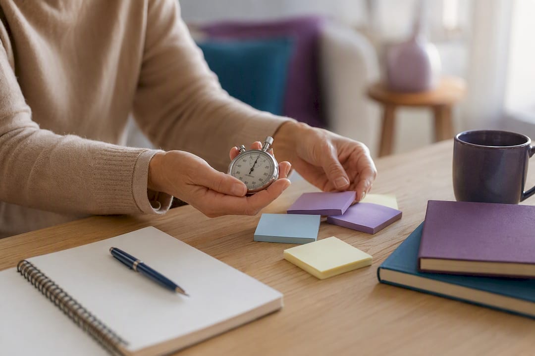 Manos colocando un temporizador y notas adhesivas sobre el escritorio