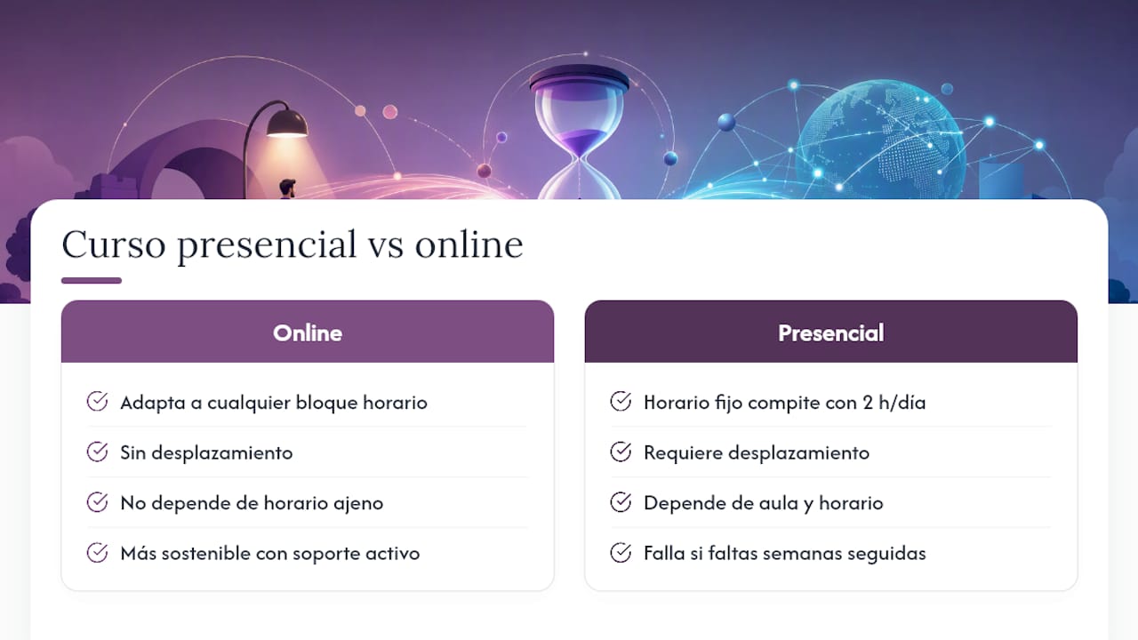 Diagrama comparativo de cursos en línea vs presenciales