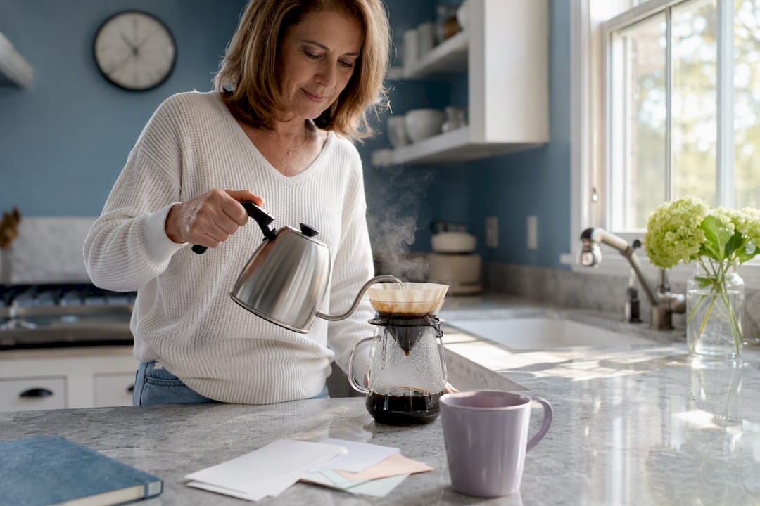 Woman pouring coffee in kitchen morning routine