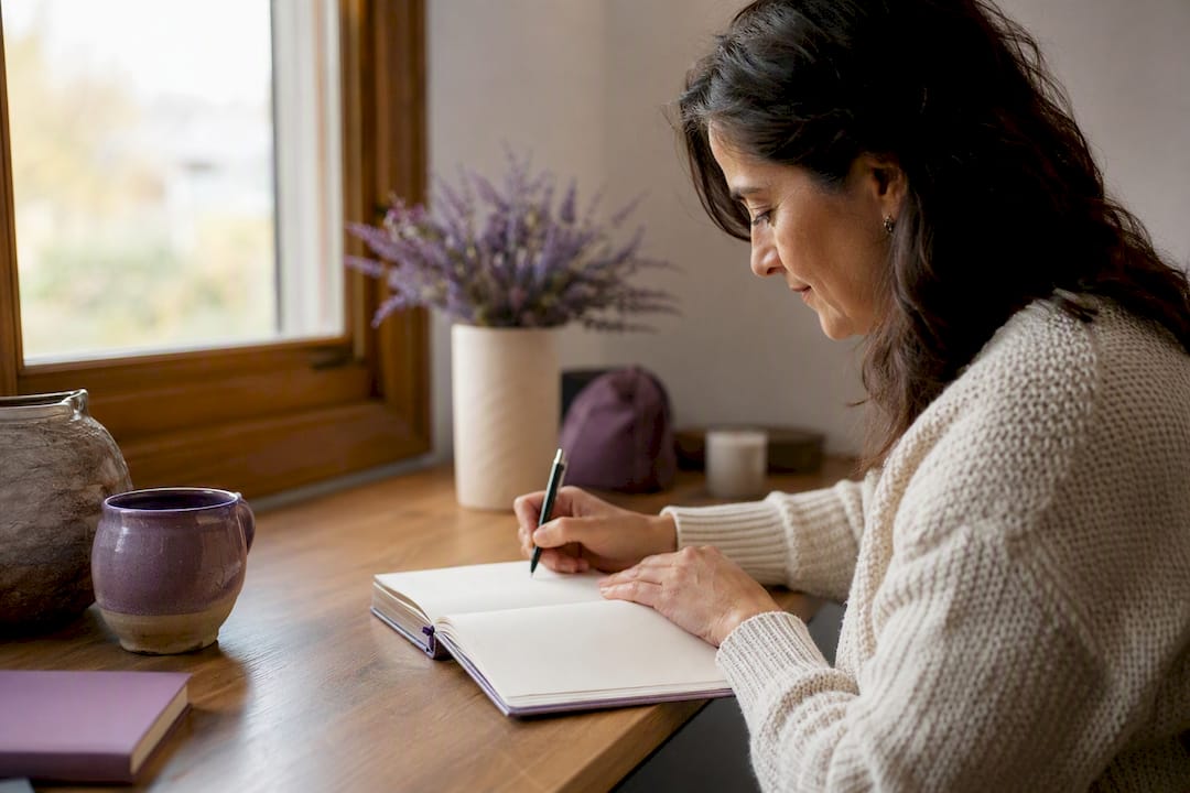 Mujer escribiendo en su diario reflexiones financieras