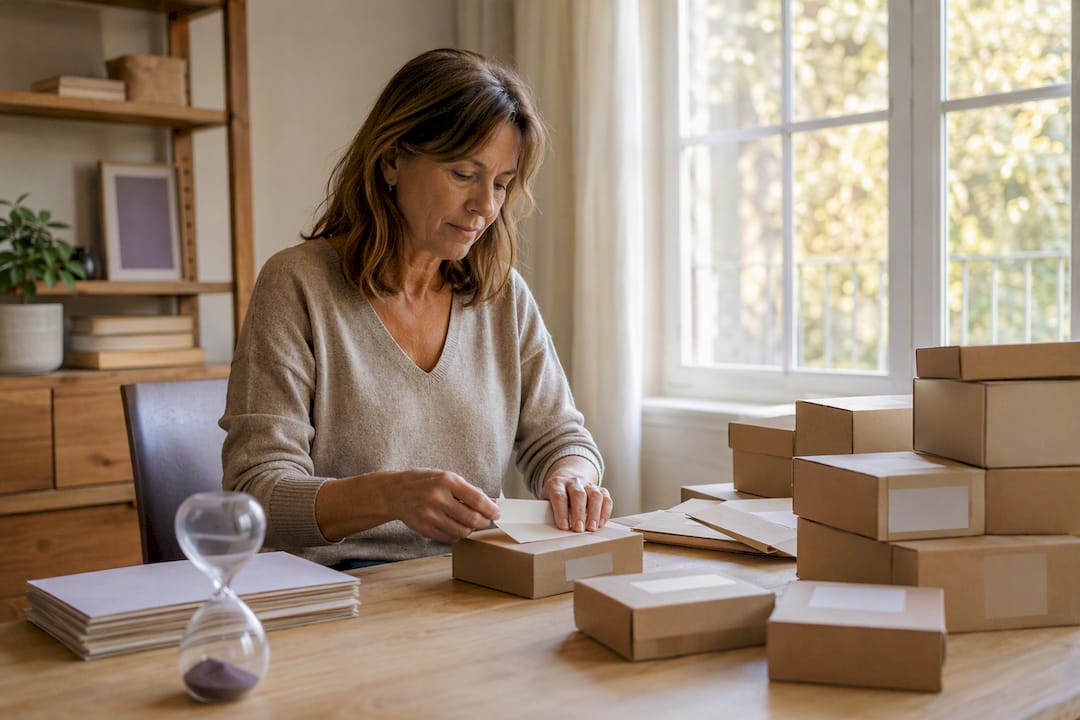Manos embalando paquetes de servicios freelance