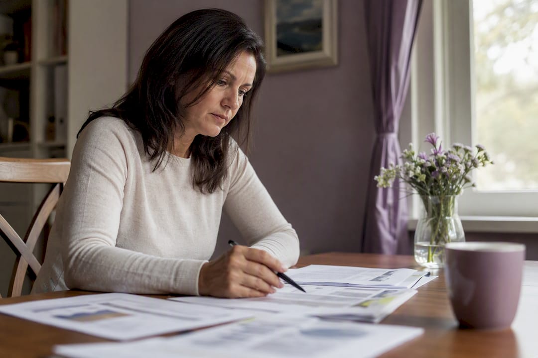Mujer revisando documentos de inversión en casa