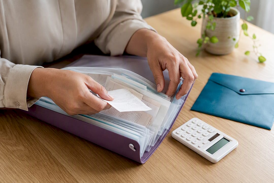 Manos ordenando recibos y gastos del negocio