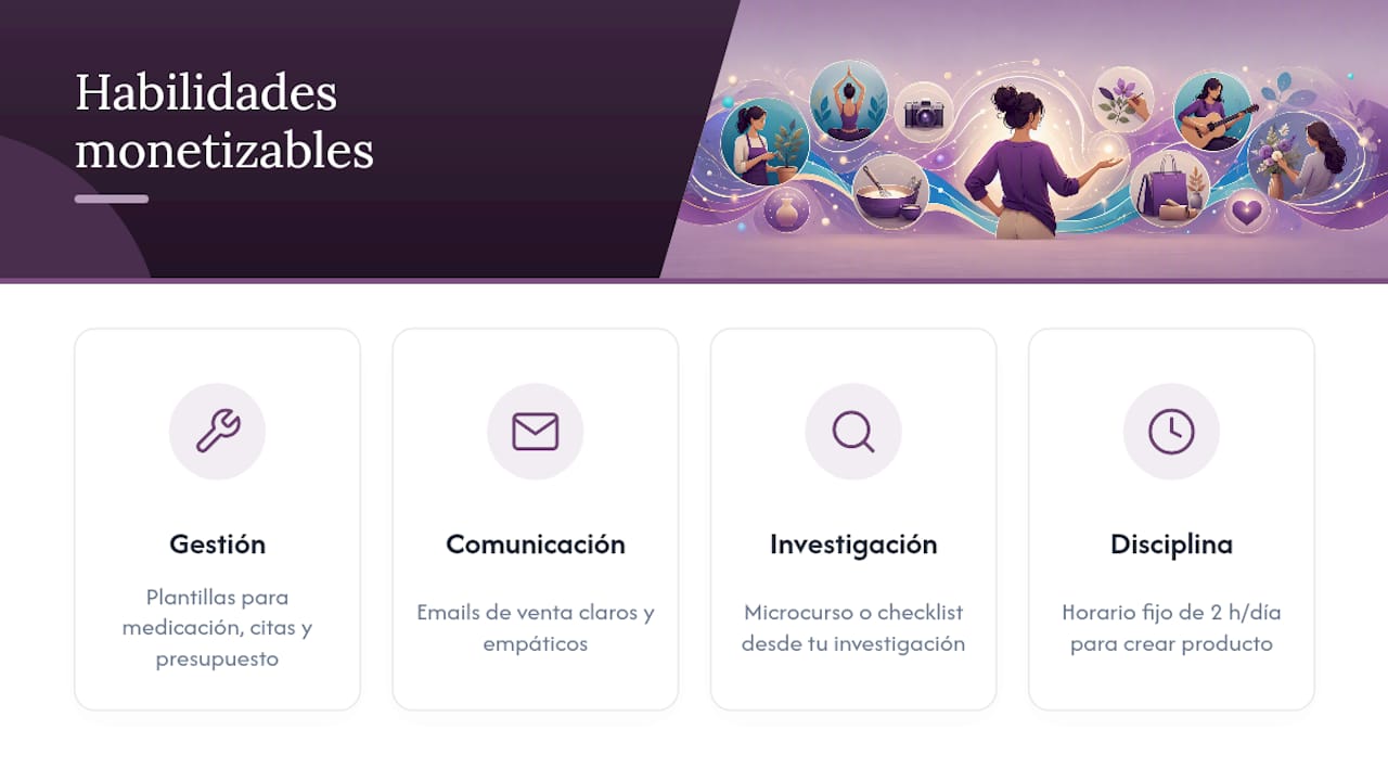 Qué habilidades ya tienes como cuidadora (y cómo monetizarlas) — overview diagram