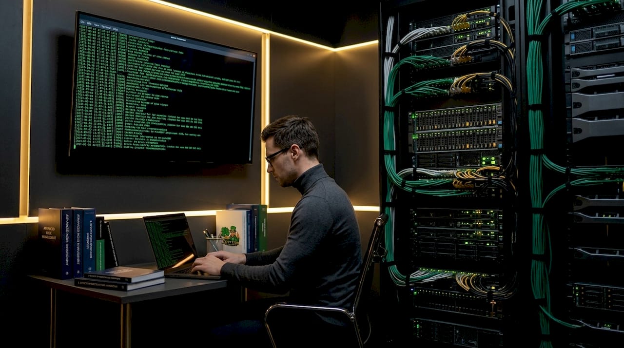 Technician monitoring gaming servers in server room