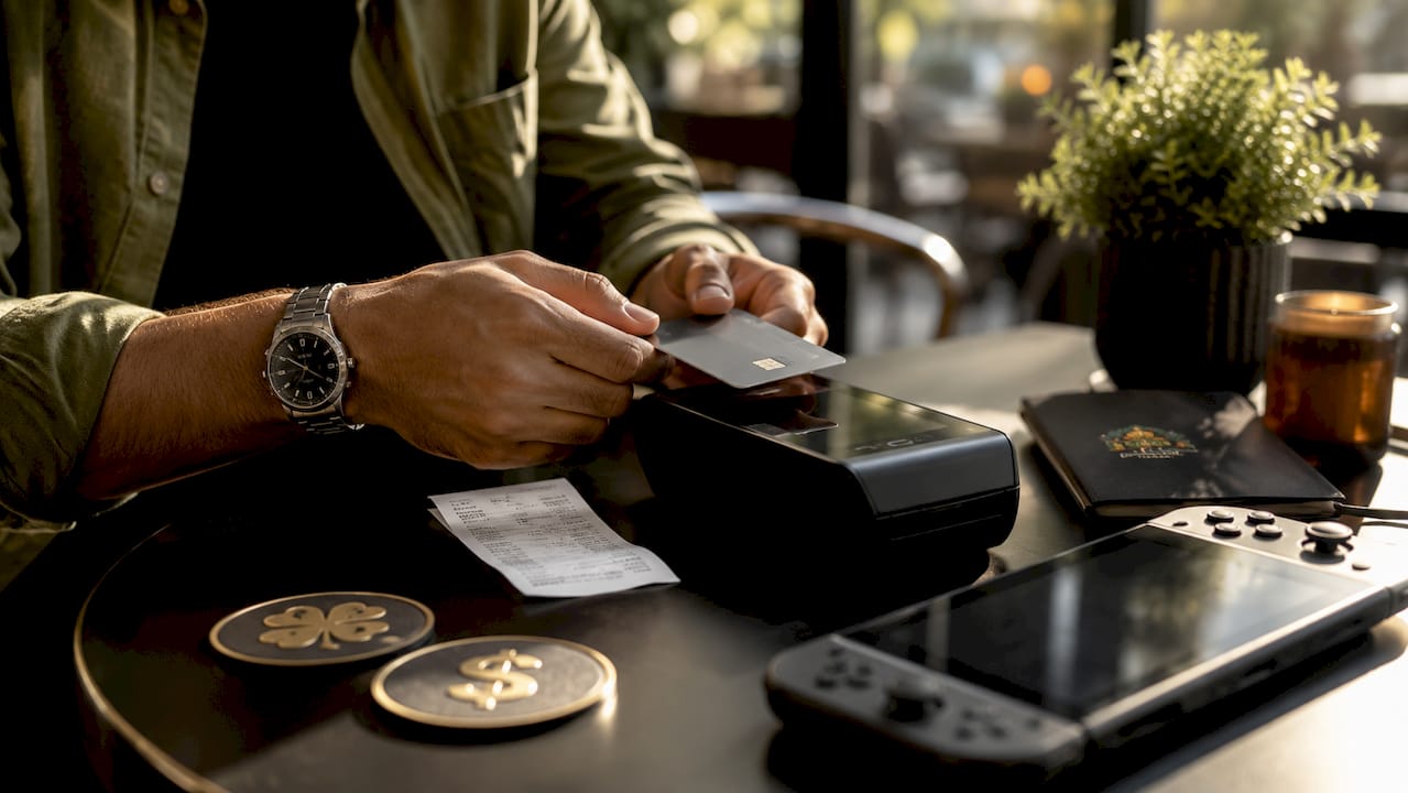 Hands holding credit card near card reader