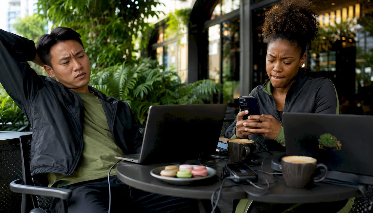 Group frustrated by online gaming lag in café