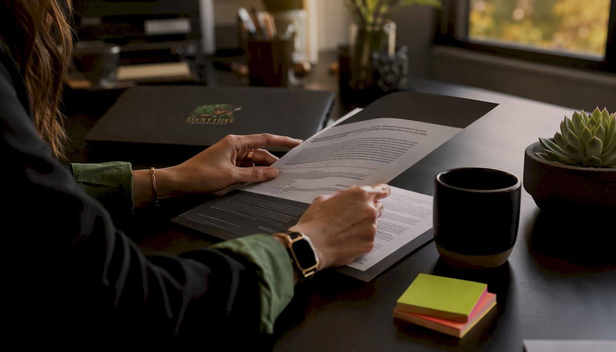 Hands reviewing sweepstakes compliance brochure