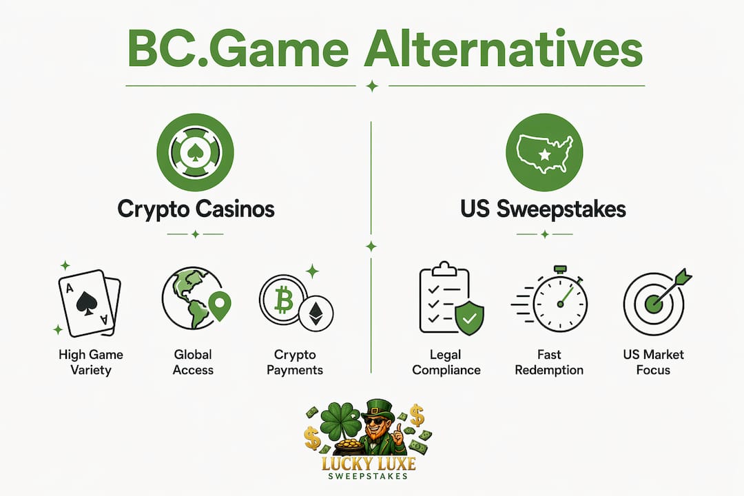 Infographic comparing BC.Game crypto casinos vs US sweepstakes platforms