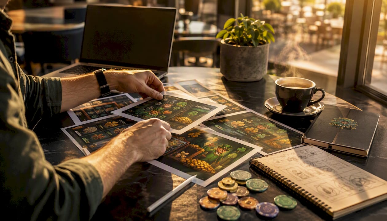 Hands reviewing slot game development materials