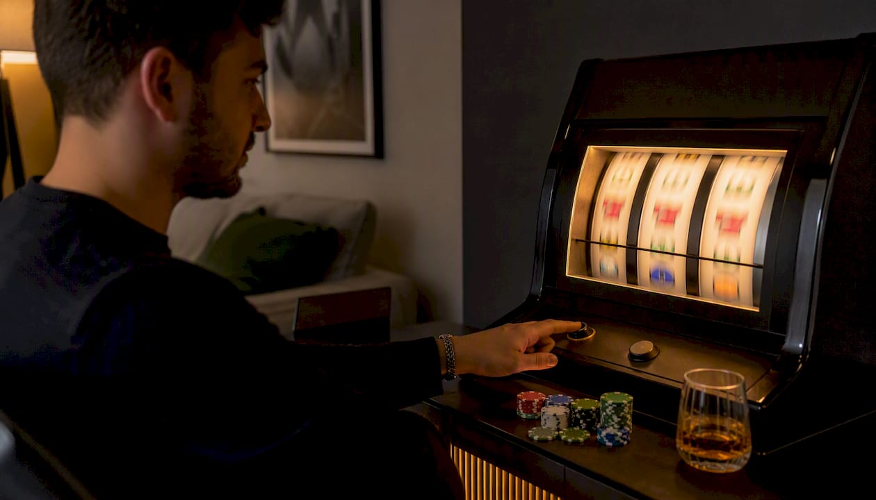 Hands spinning slot machine reels at home