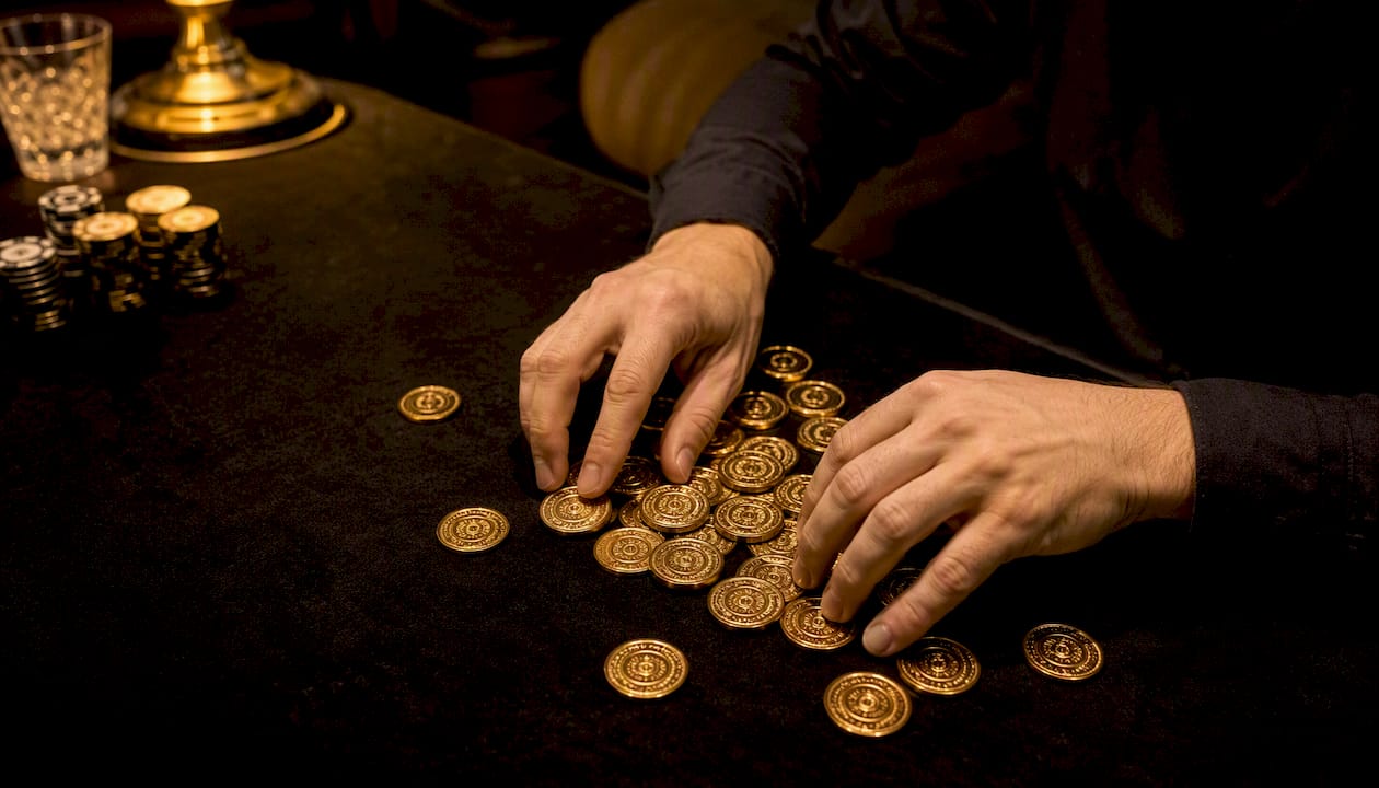 Hands counting gaming tokens on table