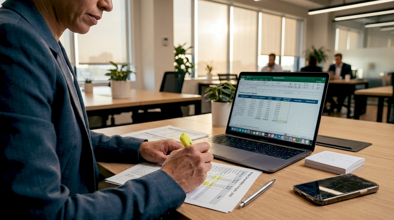 Hands analyzing rental comp data sheets and laptop