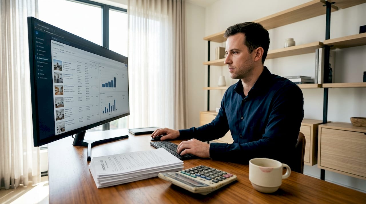 Financial analyst reviewing rental comps at home desk