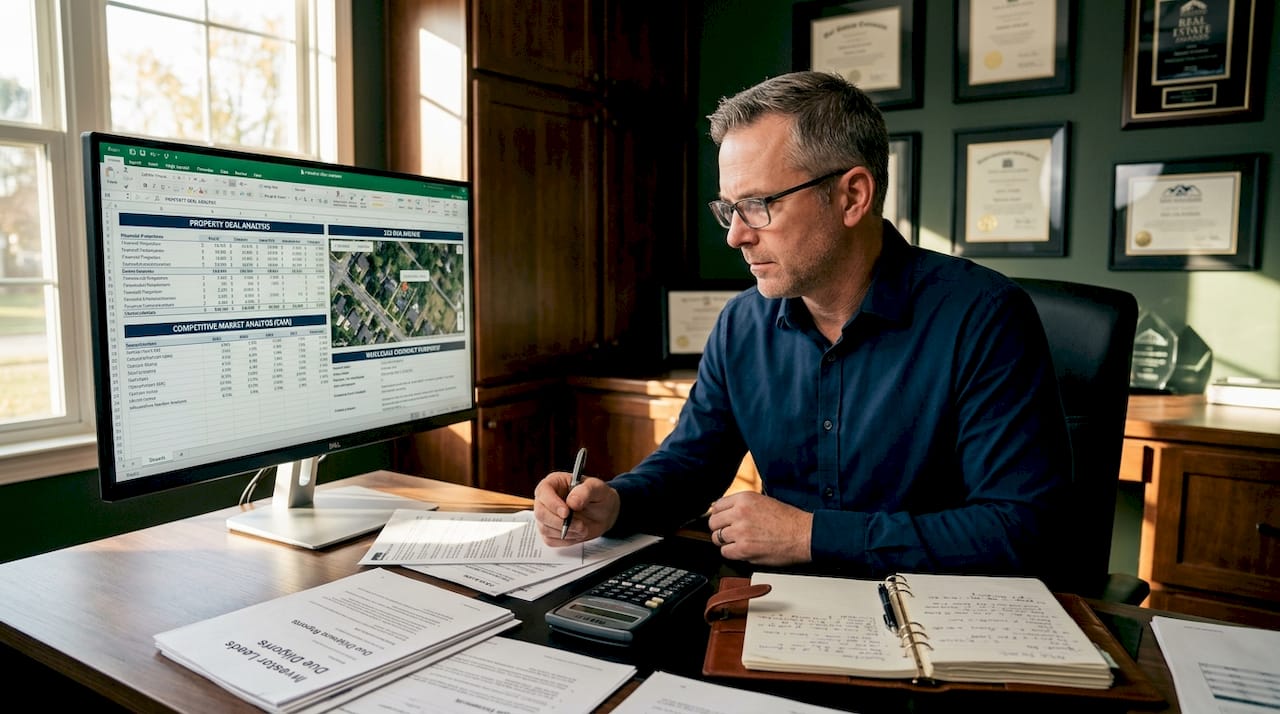 Wholesaler reviewing deal package in home office